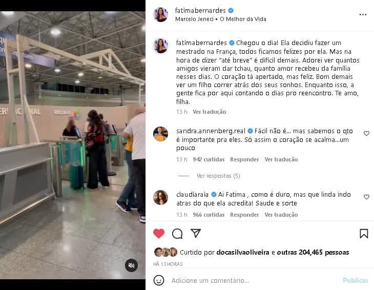 Fátima Bernardes decidiu se despedir da filha no aeroporto (Foto: Reprodução/ Instagram) Fátima Bernardes decidiu se despedir da filha no aeroporto (Foto: Reprodução/ Instagram)