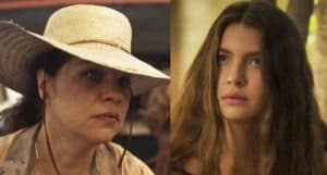 Em Pantanal, Maria Bruaca (Isabel Teixeira) vai virar a isca de Alcides (Juliano Cazarré) e vai morar na tapera de Juma (Alanis Guillen) (Foto: Reprodução / Globo) Em Pantanal, Maria Bruaca (Isabel Teixeira) vai virar a isca de Alcides (Juliano Cazarré) e vai morar na tapera de Juma (Alanis Guillen) (Foto: Reprodução / Globo)