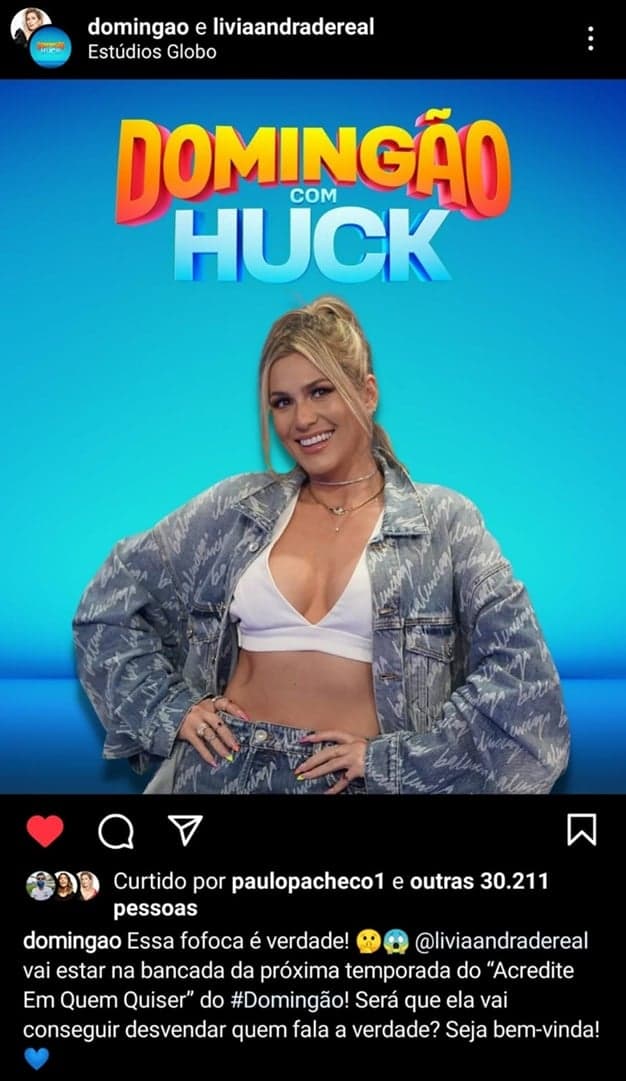 Apresentadora Lívia Andrade comenta quadro no ‘Domingão’  e intriga fãs com participação no programa