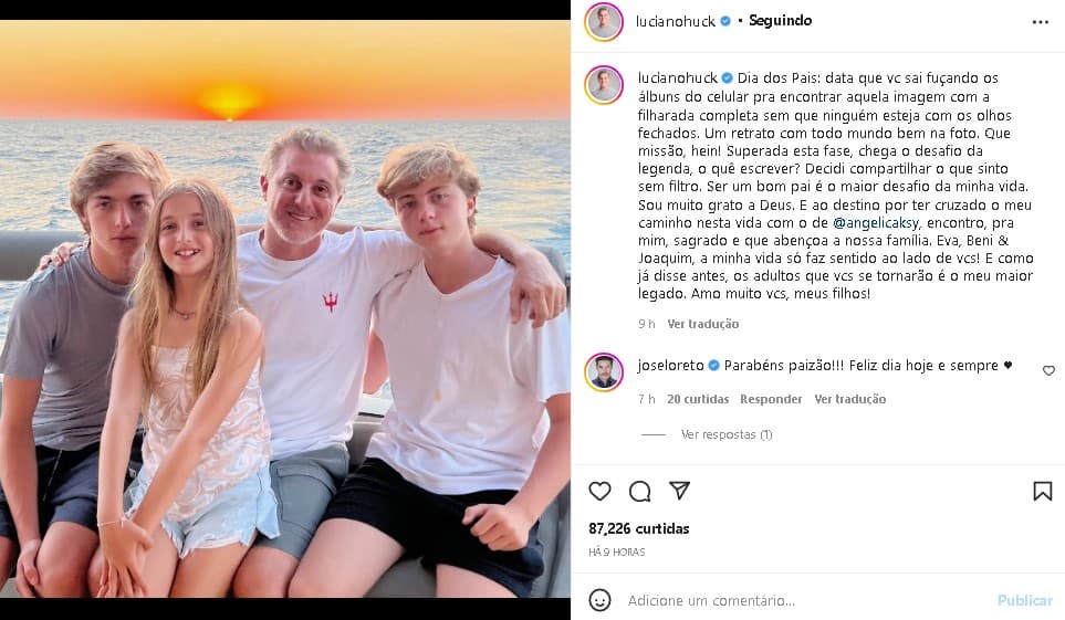 Luciano Huck, marido de Angélica, abriu o coração ao falar dos filhos e a beleza do mais velho chamou atenção (Foto: Reprodução/ Instagram) Luciano Huck, marido de Angélica, abriu o coração ao falar dos filhos e a beleza do mais velho chamou atenção (Foto: Reprodução/ Instagram)
