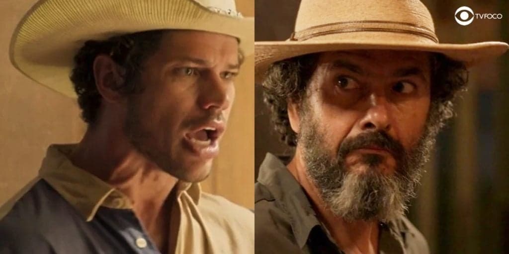 "Então, por que nunca...", Tadeu escuta esculacho de José Leôncio, mas arremessa o pai contra a parede em seguida na novela Pantanal