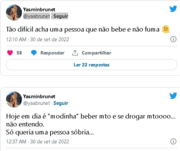 Yasmin Brunet desabafa sobre relacionamento (Foto: Reprodução/Twitter) Yasmin Brunet desabafa sobre relacionamento (Foto: Reprodução/Twitter)
