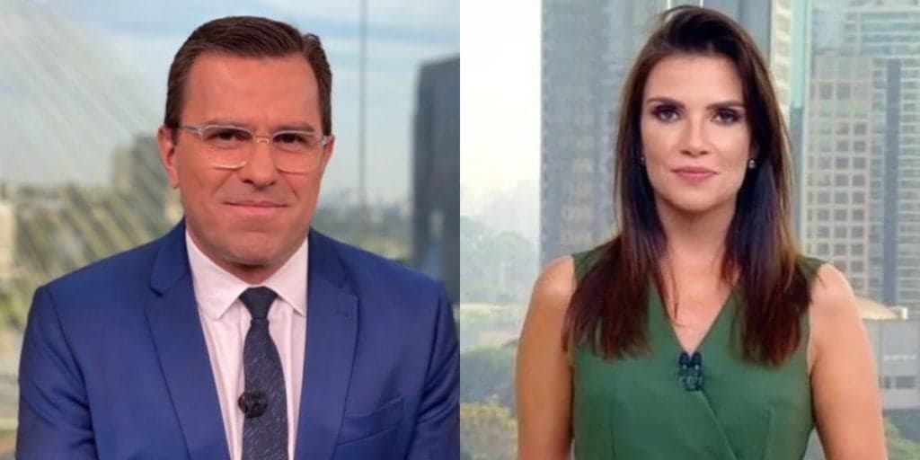 Sabina Simonato anda até Rodrigo Bocardi, o abraça e dispara: "Estavam falando que você me cortou"