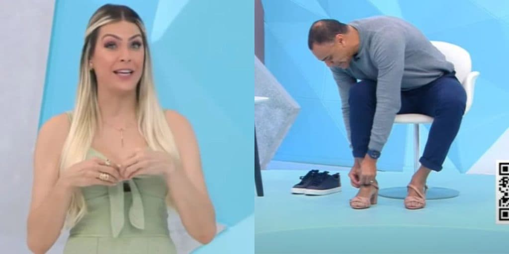 Denílson enfia salto alto ao vivo na Band, desfila por estúdio e choca Renata Fan com habilidade: "Quero ver"
