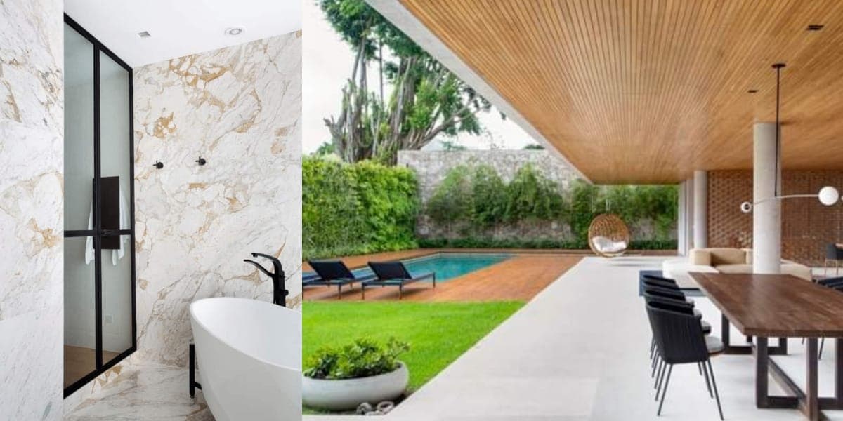 Banheira e área da piscina da mansão (Reprodução: Montagem TV Foco)