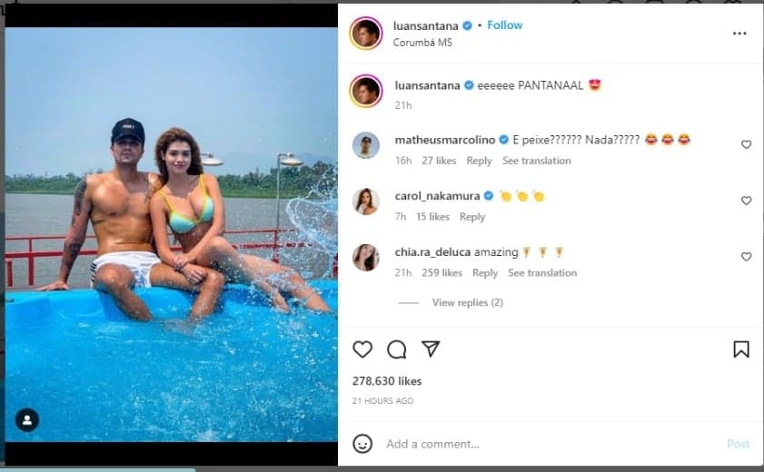 Luan Santana em passeio romântico pelo pantanal, ao lado da noiva, Izabela Cunha (Foto: Reprodução)/Instagram)