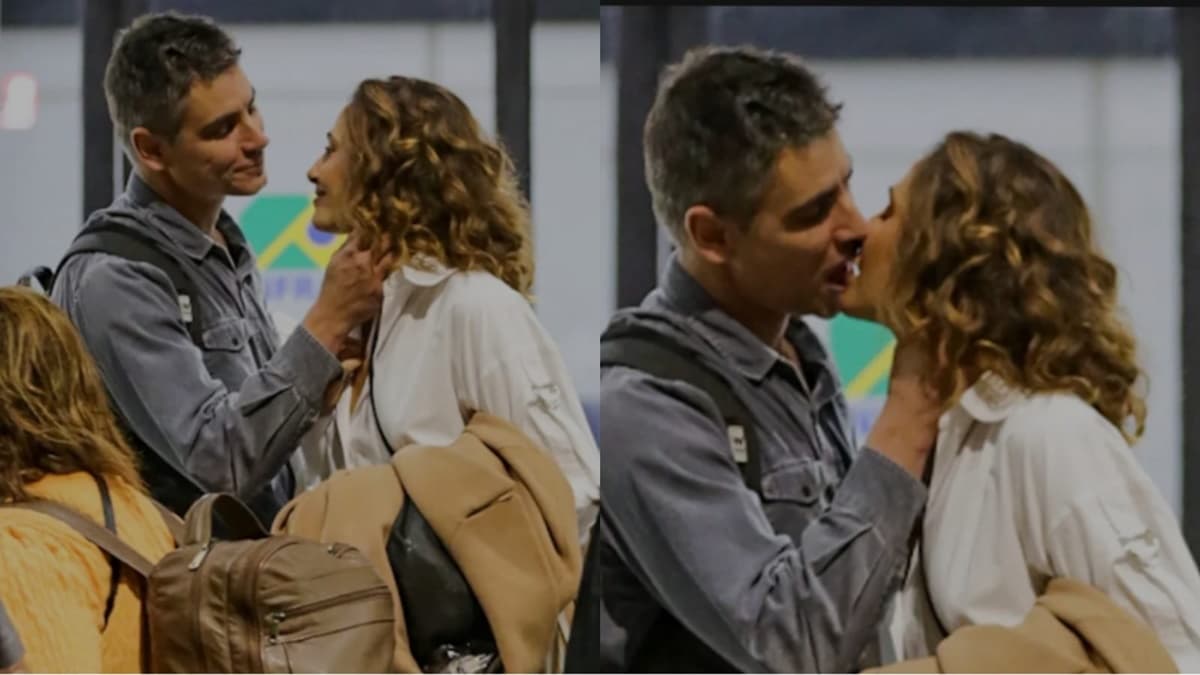 Camila Pitanga se encontra com o namorado Patrick Pessoa em aeroporto e acaba recebida com beijo apaixonado 