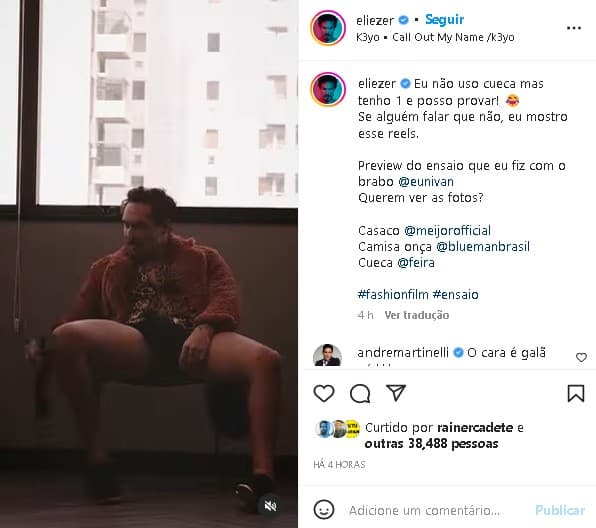 Eliezer surgiu sensualizando em vídeo e Viih Tube não se aguentou (Foto: Reprodução/ Instagram)