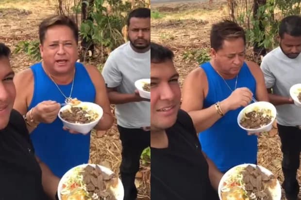 Leonardo surgiu no meio do mato comendo marmita com os amigos (Foto: Reprodução/ Instagram)