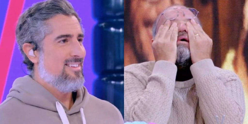 No Caldeirão, ator perde o fôlego no meio do programa e leva as mãos pra cima de tanto chorar; Mion intervém