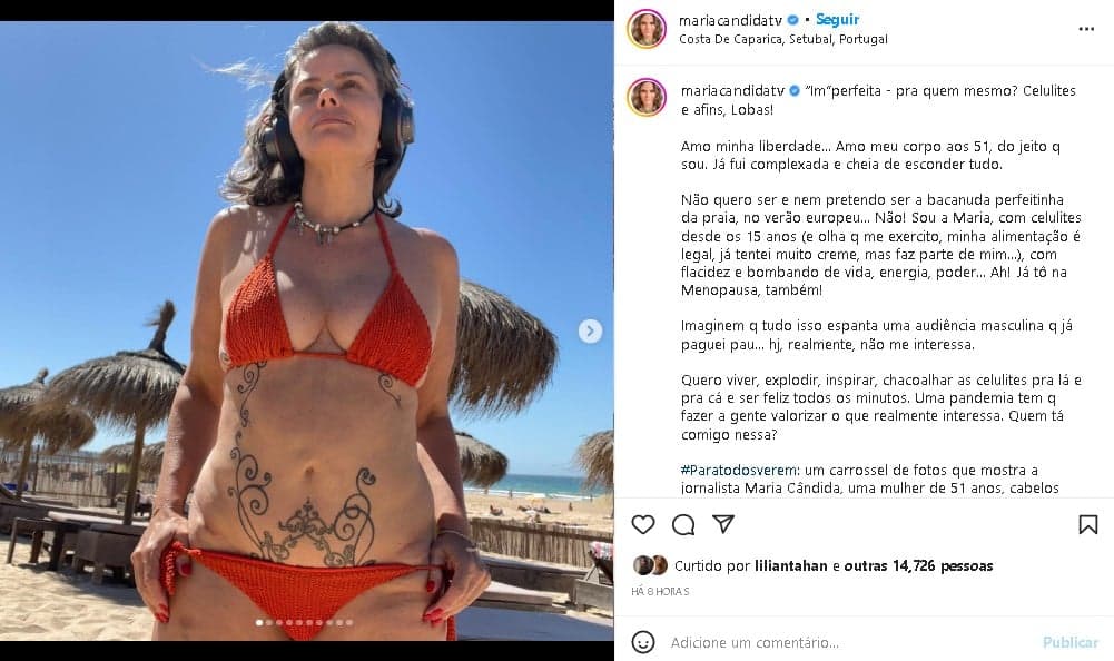 Maria Cândida surgiu mostrando o corpão aos 51 anos e surpreendeu (Foto: Reprodução)