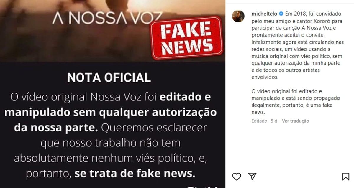Michel Teló desmente fake news com comunicado que envolve música de Xororó lançada em 2018 