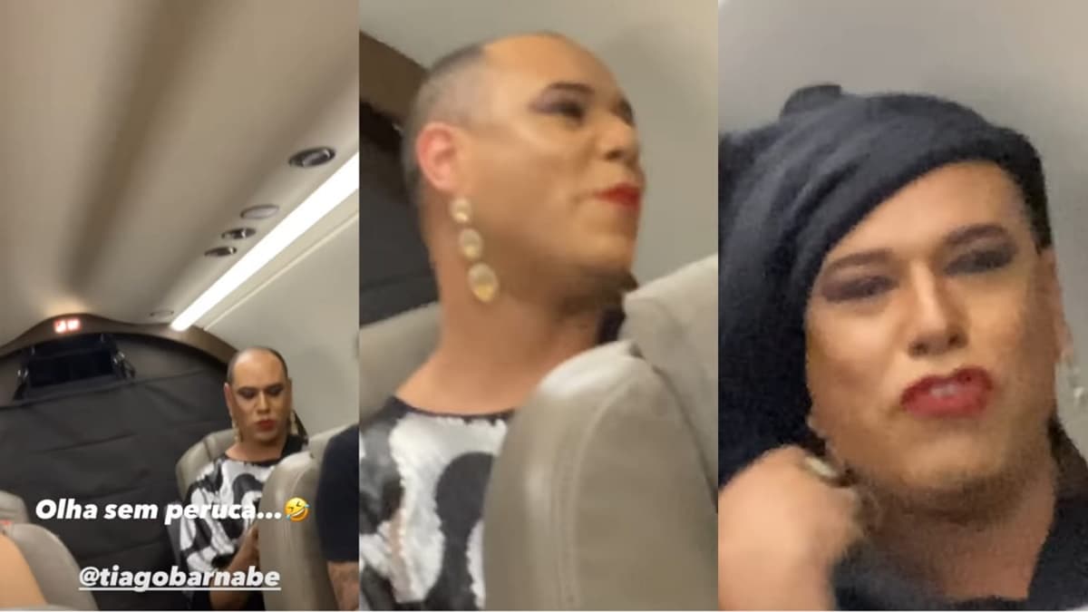 Tiago Barnabé, a Narcisa, é flagrada sem peruca, faz caras e bocas e depois esconde a careca com manta, arrancando risos de Eliana em vôo 