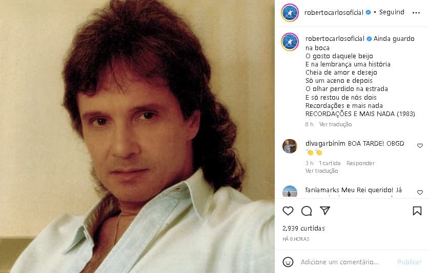 Roberto Carlos apareceu em clique novinho do passado e beleza chamou atenção (Foto: Reprodução/ Instagram)