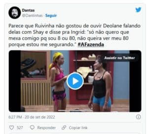 Ruivinha de Marte e Deolane Bezerra; cantora se irritou ao ser citada pela advogada em A Fazenda 14 (Foto: Reprodução / Twitter) Ruivinha de Marte e Deolane Bezerra; cantora se irritou ao ser citada pela advogada em A Fazenda 14 (Foto: Reprodução / Twitter)
