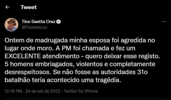 Tico Santa Cruz revela que mulher foi agredida por cinco homens - Foto: Reprodução Tico Santa Cruz revela que mulher foi agredida por cinco homens - Foto: Reprodução