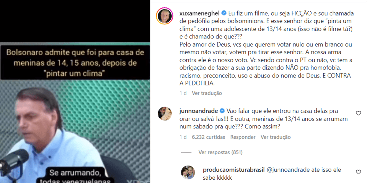 Xuxa rebateu bolsonaristas com vídeo aonde mostra Jair Bolsonaro falando que "rolou um clima" com menininhas de 13 e 14 anos (Foto Reprodução/Instagram)