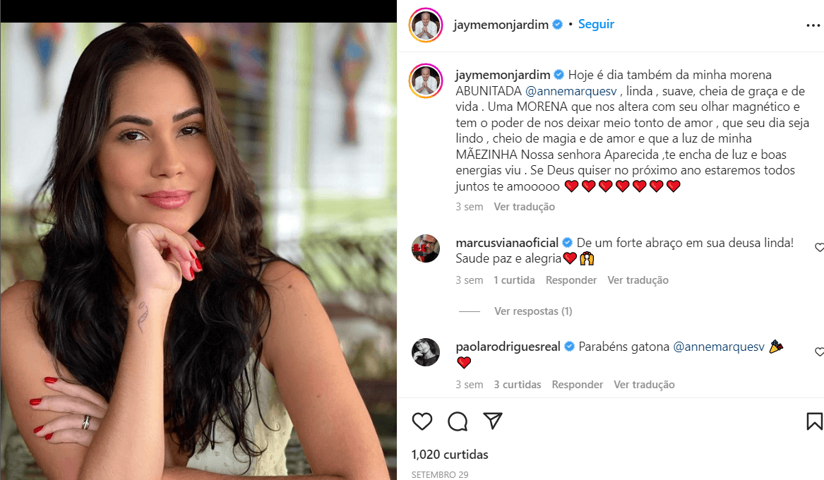 Declaração do diretor Jayme Monjardim para a namorada nas redes sociais (Foto Reprodução/Instagram)