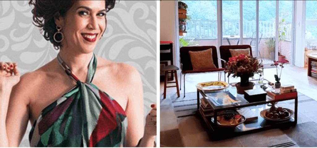 Maria Clara Gueiros abre as portas de apartamento enorme com paredes no tijolo e itens de luxo; fotos