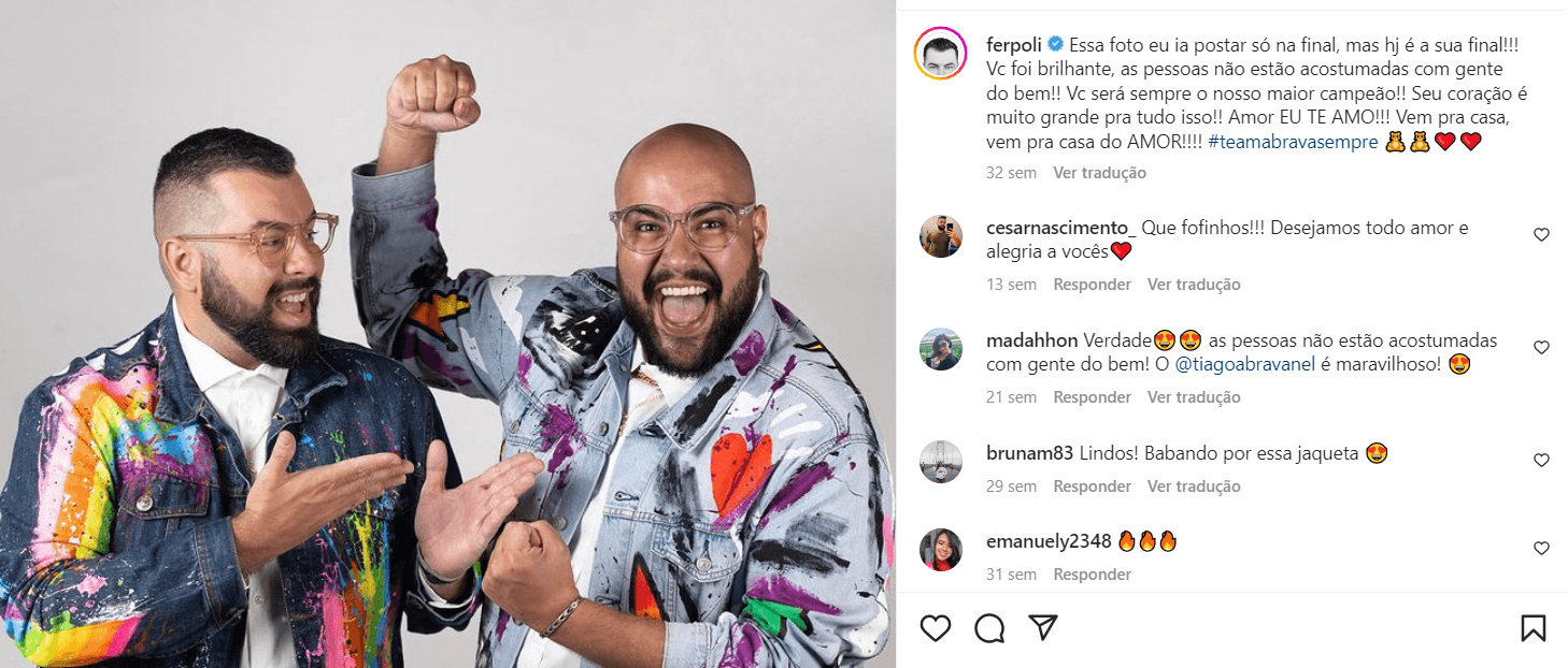 Postagem do marido de Tiago Abravanel após a desistencia dele no reality (Foto Reprodução/Instagram)
