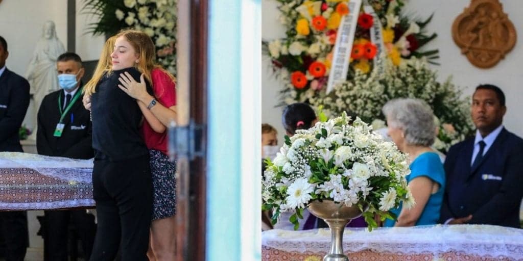 Filha de Susana Naspolini desaba em velório da mãe e conta com apoio da avó ao lado de caixão