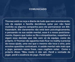 A Fazenda 14 - Jogou a toalha? Equipe de Thomaz Costa acata decisão do peão e desiste de puxar mutirão nesta quinta (20) (Foto: Reprodução / Twitter) A Fazenda 14 - Jogou a toalha? Equipe de Thomaz Costa acata decisão do peão e desiste de puxar mutirão nesta quinta (20) (Foto: Reprodução / Twitter)