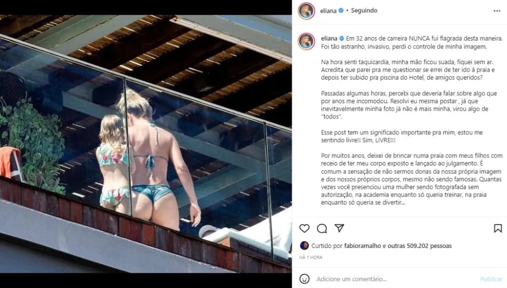 Eliana acabou compartilhando o clique inconveniente em suas redes sociais (Foto Reprodução/Instagram) Eliana acabou compartilhando o clique inconveniente em suas redes sociais (Foto Reprodução/Instagram)