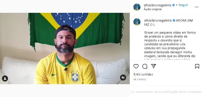 Goleiro Bruno declarou apoio a Bolsonaro e ainda detonou Lula em vídeo (Foto: Reprodução/ Instagram)
