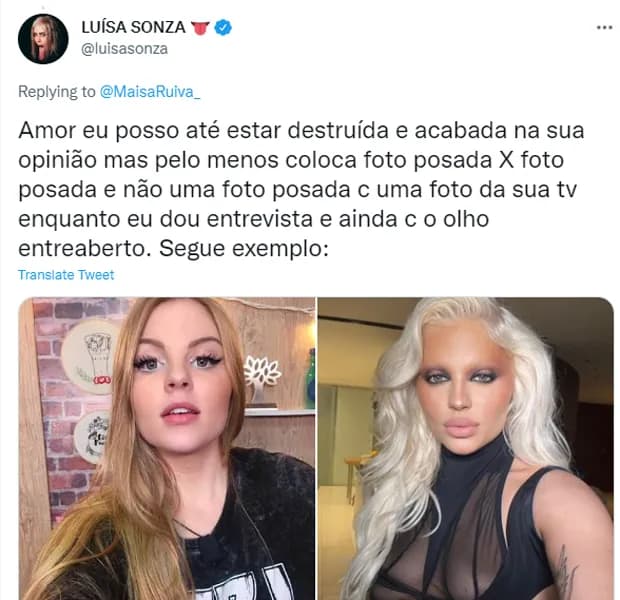Luiza rebateu a crítica respondendo diretamente para a internauta via Twitter (Foto Reprodução/Twitter) Luiza rebateu a crítica respondendo diretamente para a internauta via Twitter (Foto Reprodução/Twitter)
