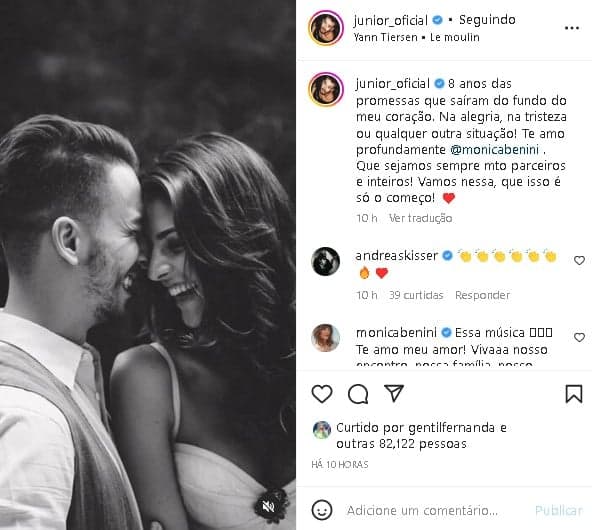 Junior Lima decidiu fazer uma declaração de amor para Mônica Benini (Foto: Reprodução/ Instagram)