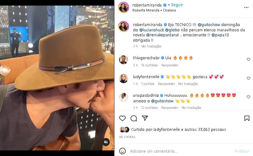 Roberta Miranda surgiu beijando ator galã de Pantanal nos bastidores da Globo (Foto: Reprodução/ Instagram)