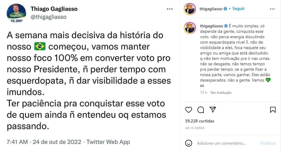 Thiago Galiasso mobiliza com campanha política nas redes sociais - Foto: Reprodução Thiago Galiasso mobiliza com campanha política nas redes sociais - Foto: Reprodução