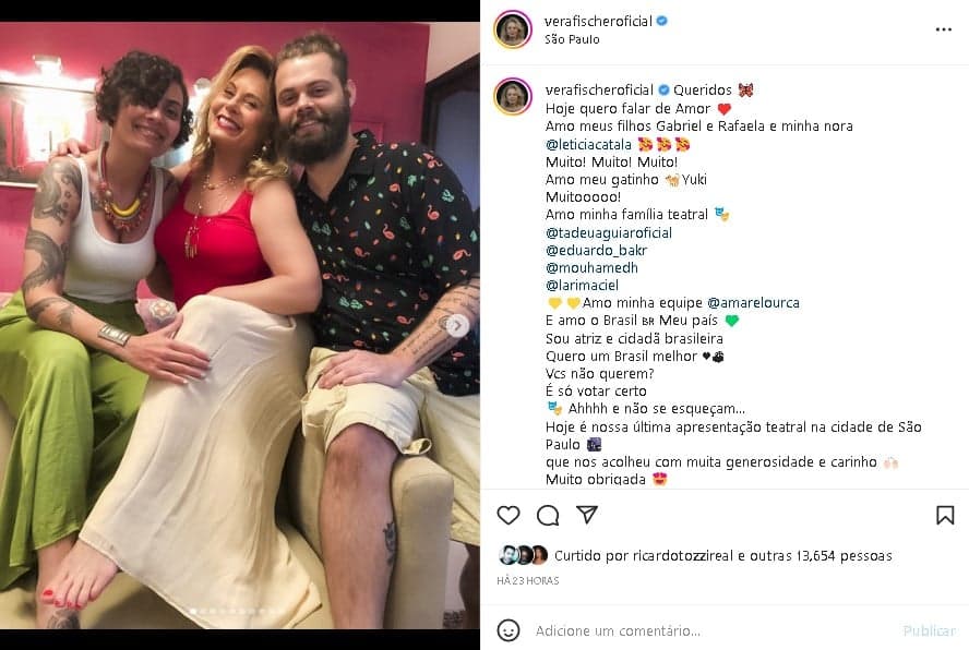 Vera Fishcer surgiu na companhia de seus filhos e surpreendeu (Foto: Reprodução/ Instagram) Vera Fishcer surgiu na companhia de seus filhos e surpreendeu (Foto: Reprodução/ Instagram)