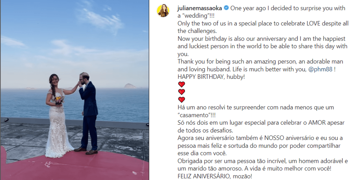 Postagem de Ju Massaoka, para celebrar tanto o aniversário de Patrick, como o aniversário de casamento (Foto Reprodução/Instagram)