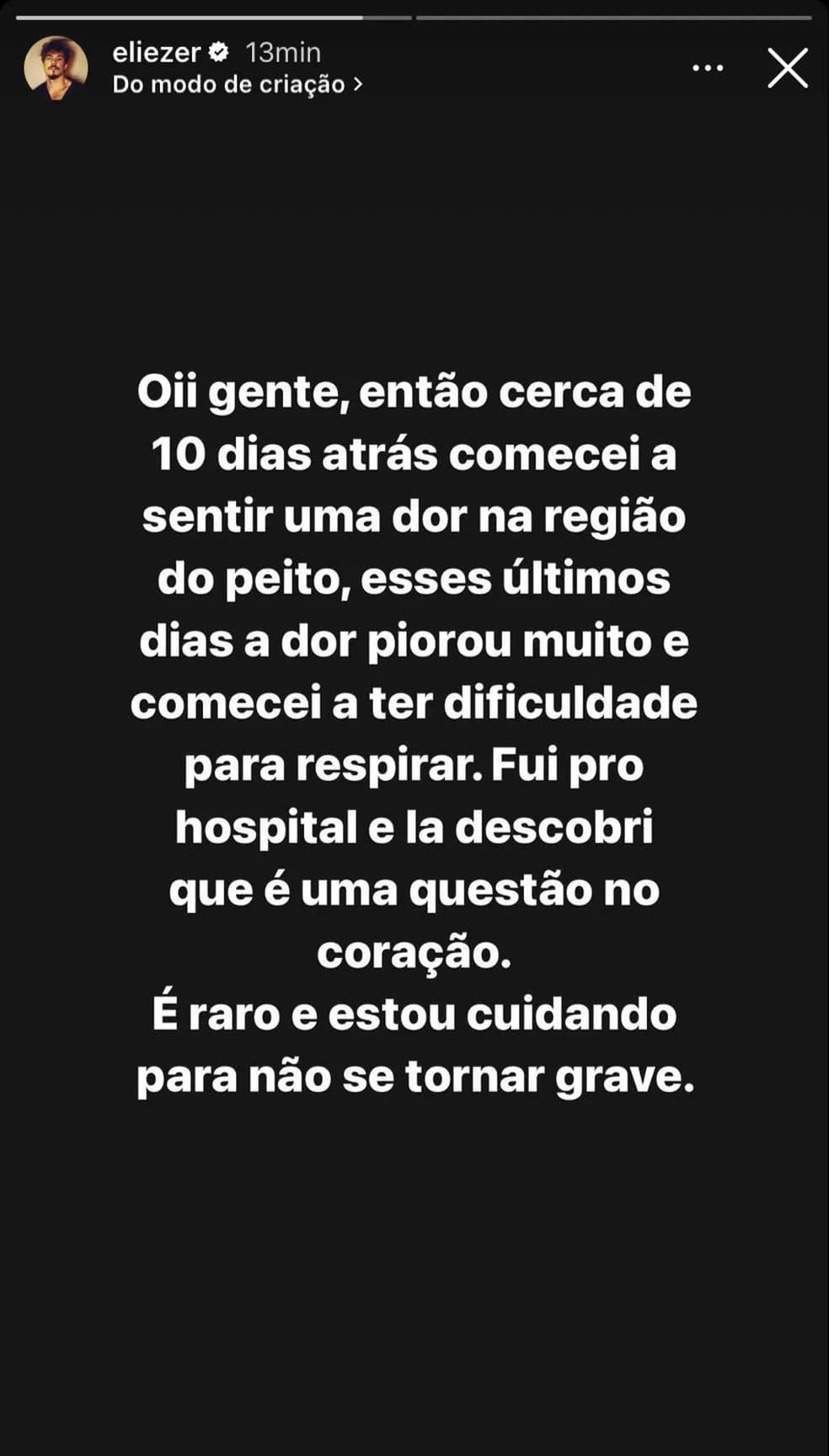 Eliezer fez relato surpreendente e revelou síndrome no coração (Foto: Reprodução/ Instagram)