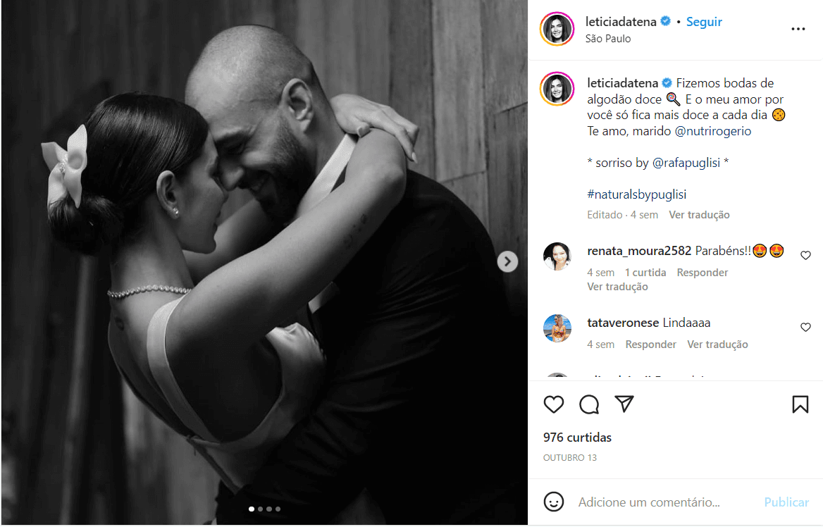 Postagem que Letícia Wiermann fez para seu amado nas redes sociais (Foto Reprodução/Instagram)