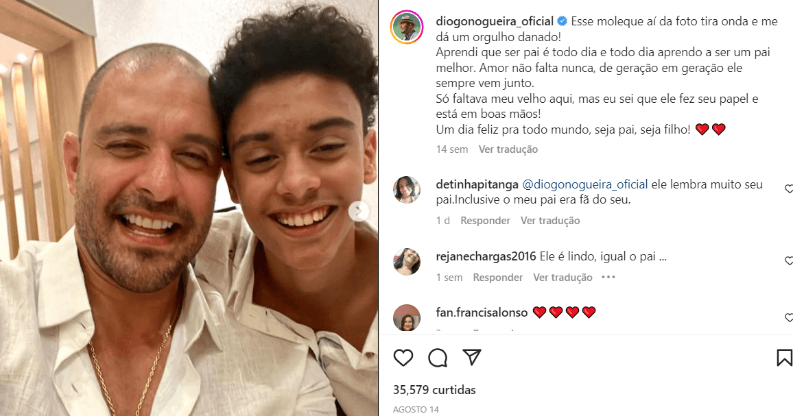 Publicação de Diogo Nogueira com seu filho nas redes sociais (Foto Reprodução/Instagram) Publicação de Diogo Nogueira com seu filho nas redes sociais (Foto Reprodução/Instagram)