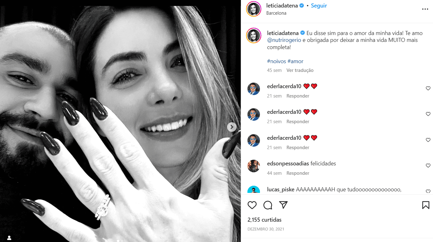 O dia que foi pedida em casamento, ela não demorou muito para contar a novidade para seus seguidores (Foto Reprodução/Instagram)