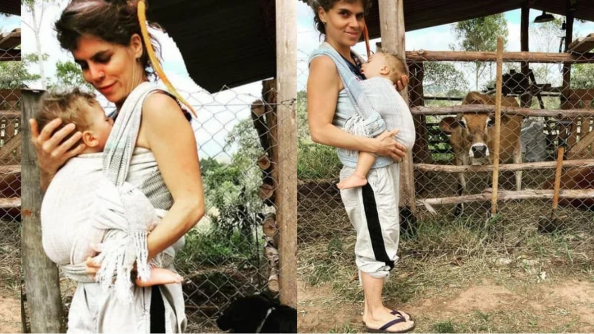 Mariana Maffeis, filha de Ana Maria, causa choque com roupa simples no 'meio do mato' e com filho envolto em pano (Reprodução) Mariana Maffeis, filha de Ana Maria, causa choque com roupa simples no 'meio do mato' e com filho envolto em pano (Reprodução)