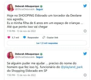 Última eliminada de A Fazenda 14, Deborah Albuquerque denuncia agressão em shopping e culpa Deolane Bezerra (Foto: Reprodução / Twitter) Última eliminada de A Fazenda 14, Deborah Albuquerque denuncia agressão em shopping e culpa Deolane Bezerra (Foto: Reprodução / Twitter)