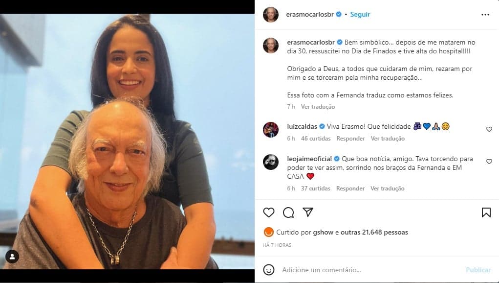 Erasmo Carlos celebra alta hospitalar com foto ao lado da esposa Erasmo Carlos celebra alta hospitalar com foto ao lado da esposa