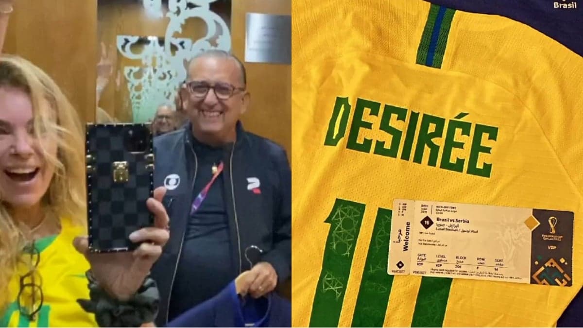 Esposa de Galvão minutos antes dele ir narrar o jogo da seleção na Globo e usando camiseta oficial (Reprodução/ Instagram) Esposa de Galvão minutos antes dele ir narrar o jogo da seleção na Globo e usando camiseta oficial (Reprodução/ Instagram)