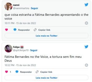 Não agradou? Fátima Bernardes causa espanto no público do The Voice na noite desta terça-feira (15): "Coisa estranha" (Foto: Reprodução / Twitter) Não agradou? Fátima Bernardes causa espanto no público do The Voice na noite desta terça-feira (15): "Coisa estranha" (Foto: Reprodução / Twitter)