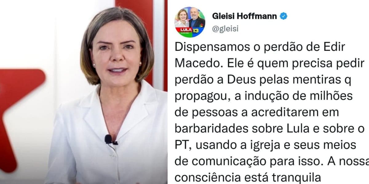 Gleisi Hoffmann não aceita pedido de desculpas de Edir Macedo e faz graves acusações (Reprodução: Twitter) Gleisi Hoffmann não aceita pedido de desculpas de Edir Macedo e faz graves acusações (Reprodução: Twitter)