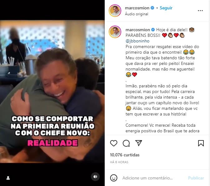 Marcos Mion se declara a Boninho no aniversário do diretor da Globo - Foto: Reprodução