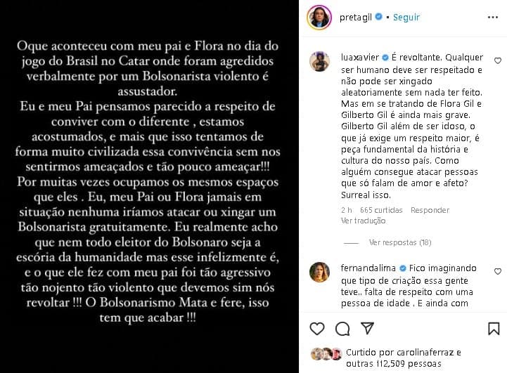 Preta Gil saiu em defesa de Gilberto Gil e Flora (Foto: Reprodução/ Instagram)