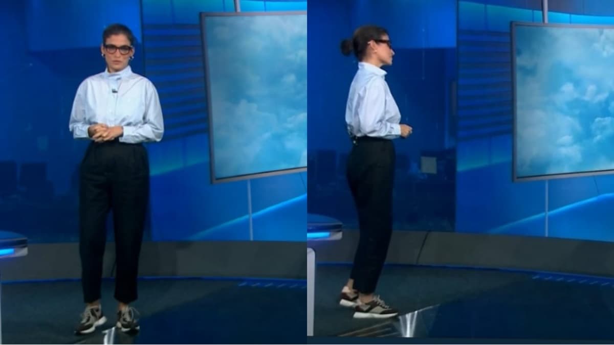 Renata Vasconcellos surpreendeu ao aparecer no Jornal Nacional usando tênis (Foto: Reprodução / TV Globo)