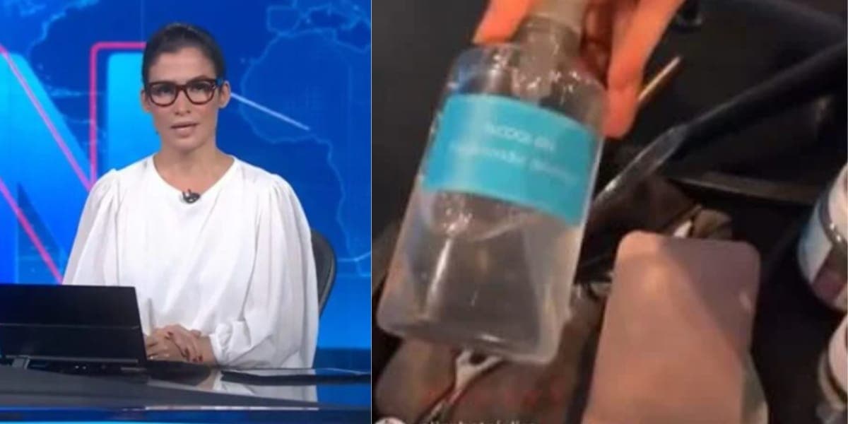 Renata Vasconcellos guarda maquiagem e água na bancada do JN (Reprodução: Montagem TV Foco)