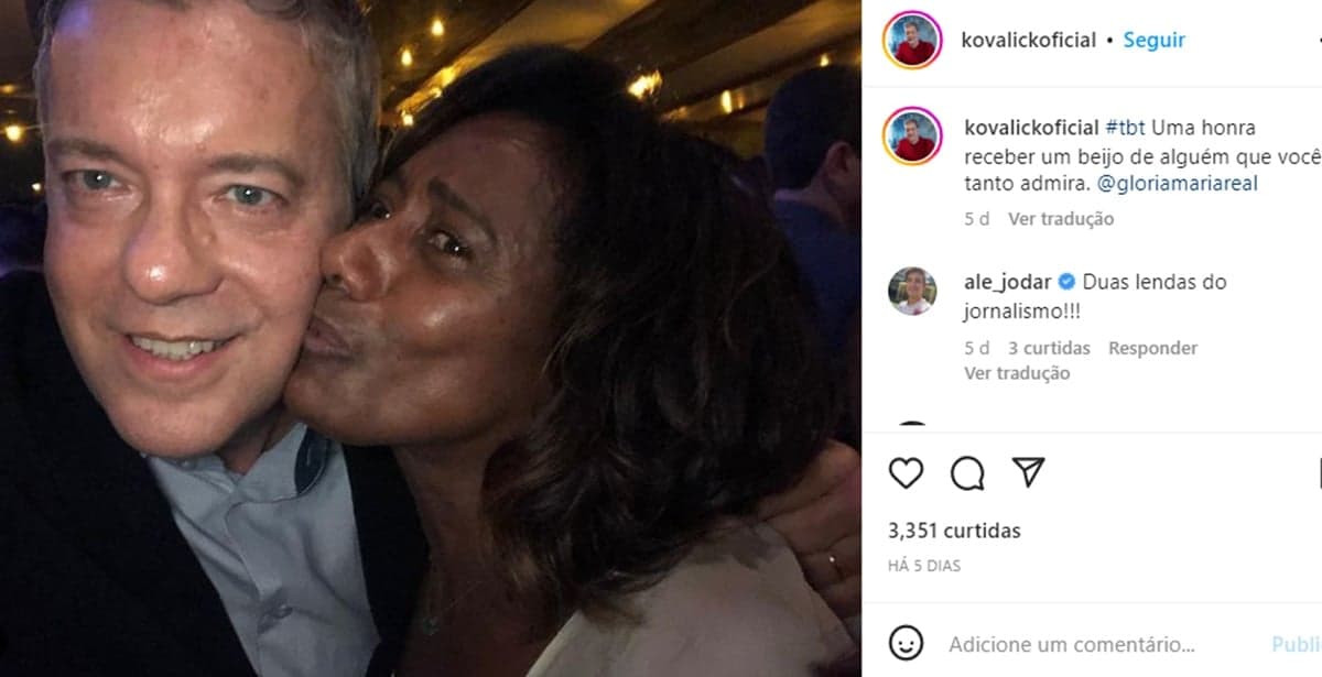 Roberto Kovalick surge recebendo beijo no rosto de Glória Maria, grande jornalista da Globo Roberto Kovalick surge recebendo beijo no rosto de Glória Maria, grande jornalista da Globo