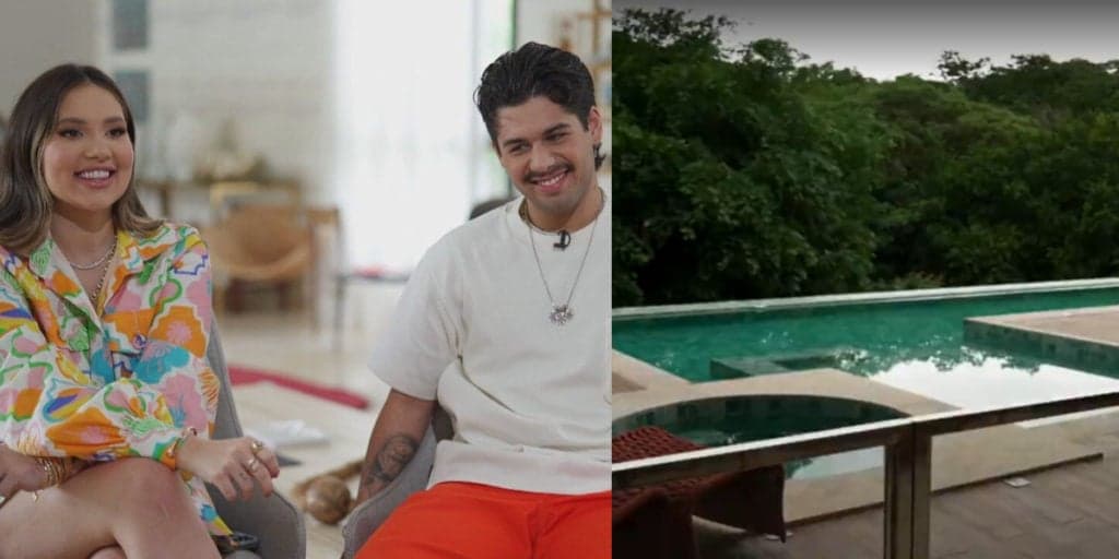 Mansão luxuosa e faraônica de Zé Felipe e Virginia Fonseca com telão na sala e psicinão gigante é mostrada na Globo